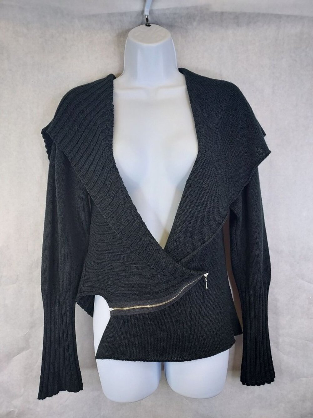 Melanie Lyne Asymmetrical Cardigan Womens S Sweater Zip Front Black Shawl Collar